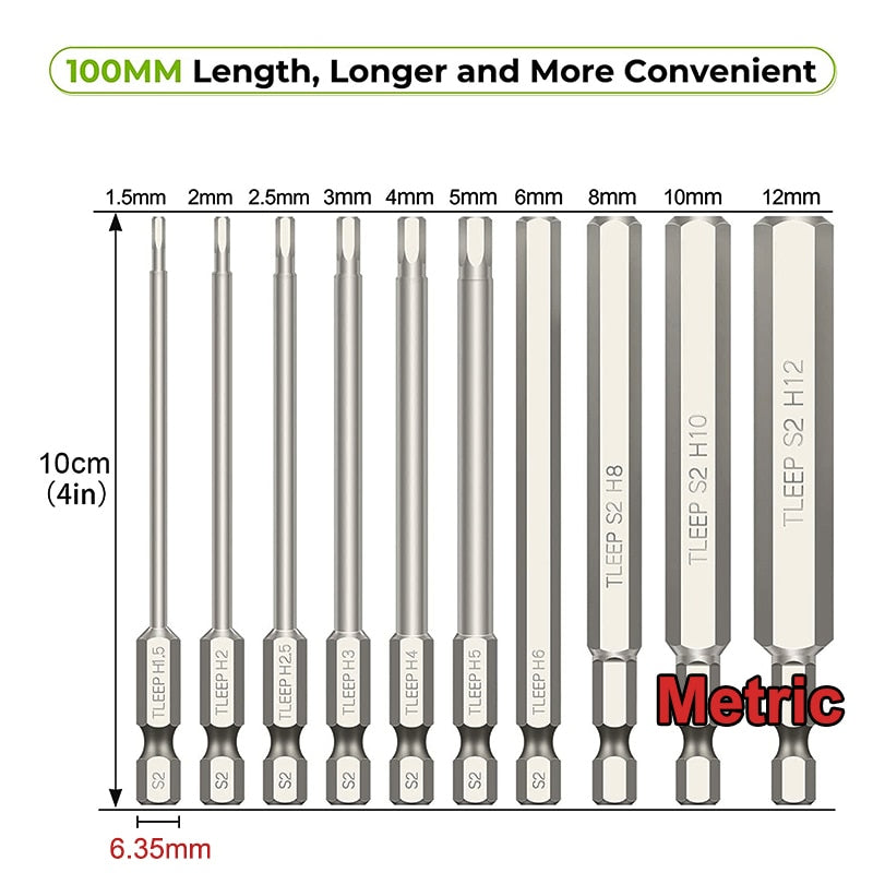 50mm/100mm Length Hex Head Allen Wrench Drill Bit Set S2 Steel Metric SAE Hex Bit Set Magnetic Tip Hex Key Screwdriver Set