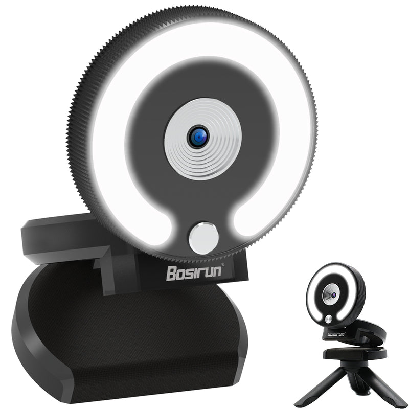 BOSIRUN 2022 Webcams, Camera Computer, LED Webcams with Microphone and Ring Light, Streaming QHD 2K/1080P 30fps, 3-Color Temperature/Brightness, Auto Focus，Plug and Play, for Laptop, MacBook, PC