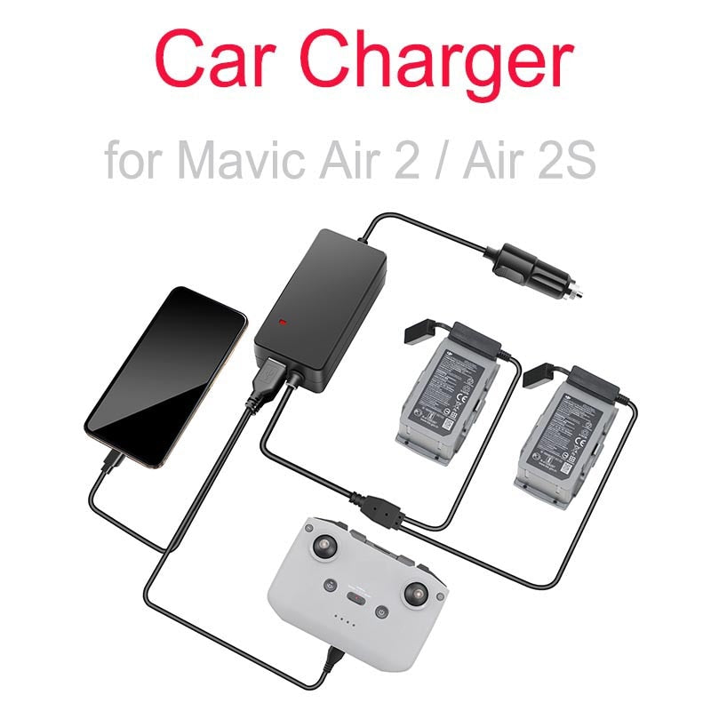4 in1 Car Charger for Mavic Air 2 /Air 2S Drone Battery Remote Control Vehicle Charger Portable Intelligent Battery Charging Hub
