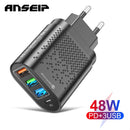 ANSEIP USB 48W PD Quick Charge USB Type c Wall Charging For iPhone 12 11 Samsung Xiaomi Mobile 4 Ports EU US Plug Charge Adapter