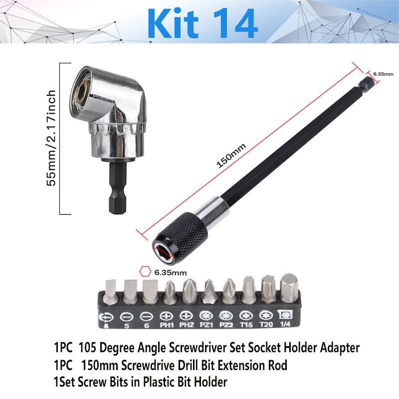 Adjustable 105 Degree Right Angle Driver Screwdriver Tools Set 1/4 Hex Shank For Power Drill Screwdriver Bits Tools