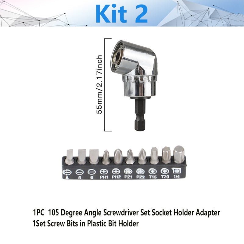 Adjustable 105 Degree Right Angle Driver Screwdriver Tools Set 1/4 Hex Shank For Power Drill Screwdriver Bits Tools