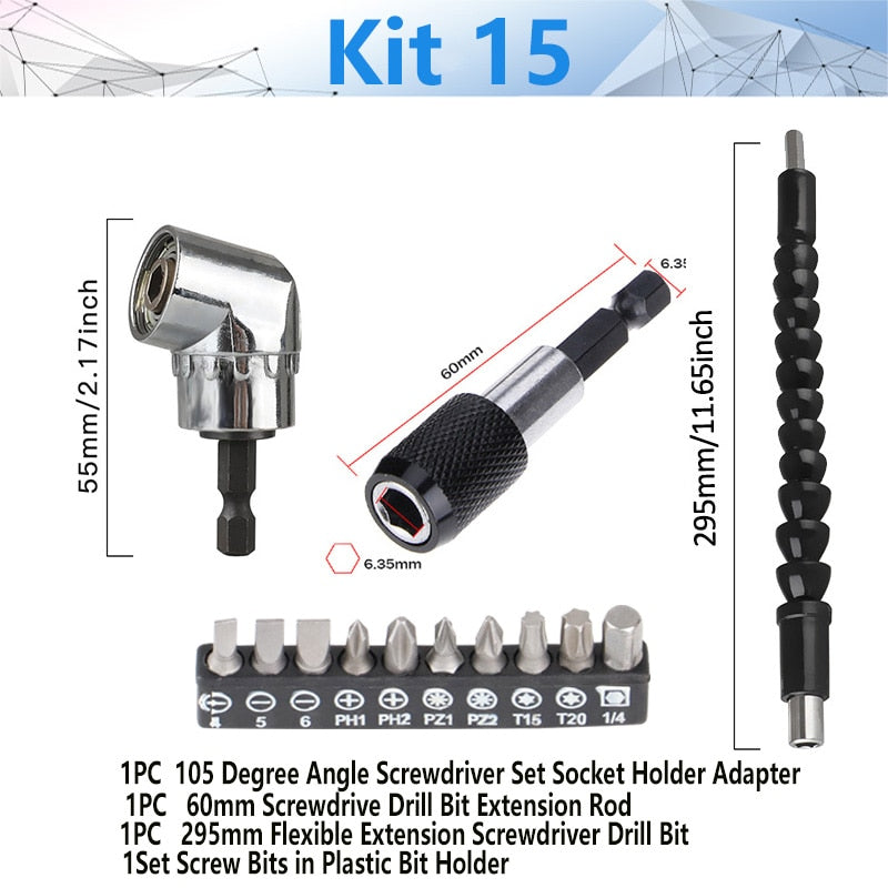 105 Degree Right Angle Drill Attachment Adjustable Nozzles Extension Bit  Kit for Drill or Screwdriver 1/4 Socket Adapter Tools