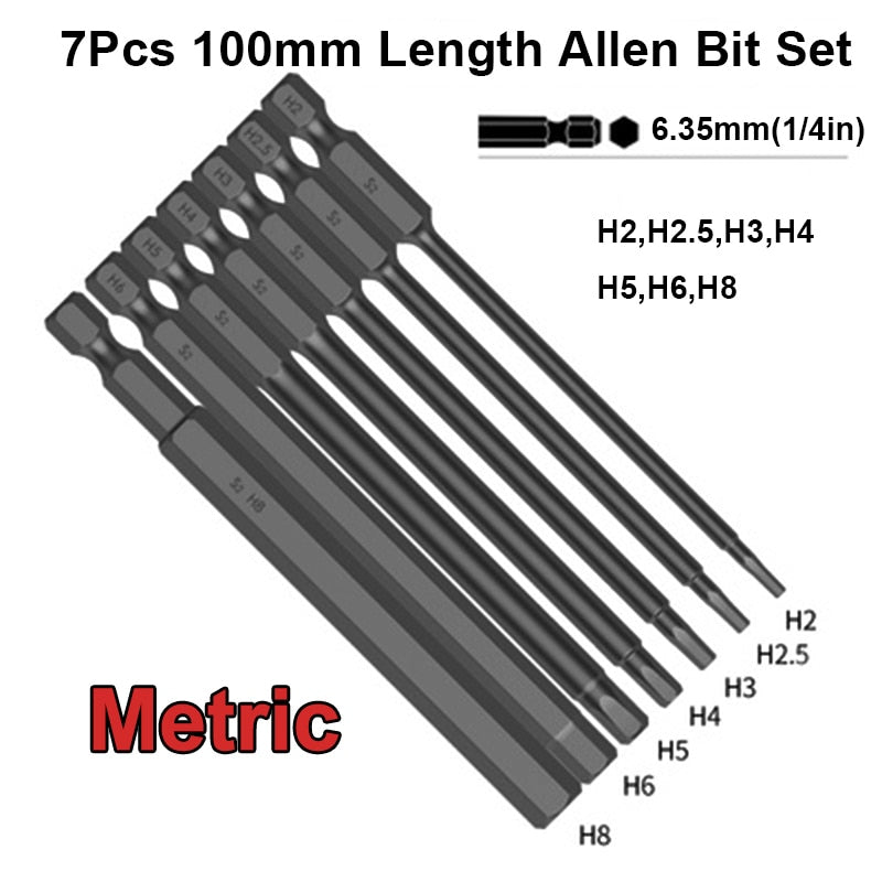 50mm/100mm Length Hex Head Allen Wrench Drill Bit Set S2 Steel Metric