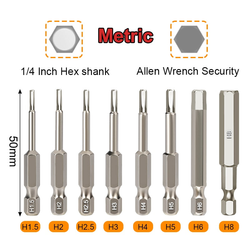50mm/100mm Length Hex Head Allen Wrench Drill Bit Set S2 Steel Metric SAE Hex Bit Set Magnetic Tip Hex Key Screwdriver Set